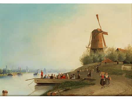 Holländische Flusslandschaft mit Windmühle