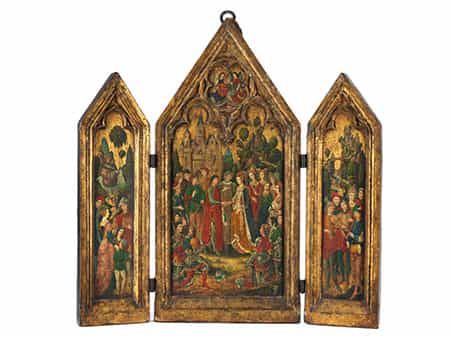 Historisches Triptychon im gotischen Stil mit Vermählungsszene