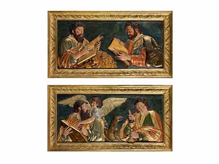 Paar querformatige Reliefs mit Darstellungen der vier Evangelisten