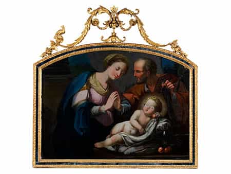 Seltenes und museales Hinterglasbild in original Rahmung mit Darstellung der Heiligen Familie