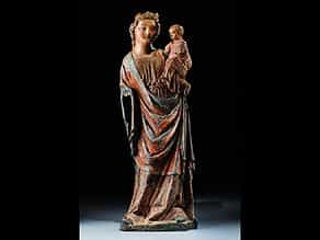 Frühe, gotische Skulptur der Madonna mit dem Kind