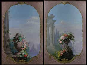 Paar wandgroße Dekorationsgemälde mit Landschafts- und Blumendarstellungen