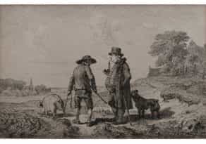 Zwei Männer mit Schwein und Hund