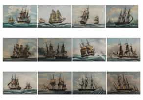 P. C. Coussé, Satz von zwölf kolorierten Lithographien mit Darstellung von Segelschiffen