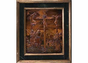 Adam Eck, Eger-Relief-Intarsienbild: Christus am Kreuz mit den beiden Schächern und Assistenzfiguren Eger, zug.