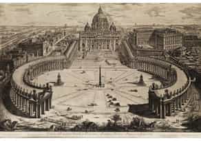 Kupferstich mit Vedute der Vatikansbasilika, Petersdom mit den Arkaden des Petersplatzes