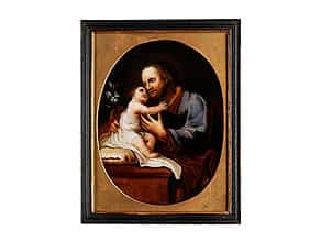 Hinterglasbild mit Darstellung des Heiligen Joseph mit dem sitzenden Jesuskind