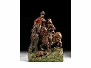 Flämische Schnitzfigurengruppe zweier Reiter mit einem Begleithund