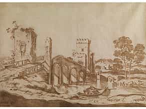 Sepiazeichnung mit Darstellung der Milvinischen Brücke bei Rom