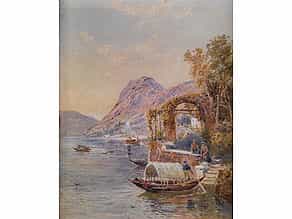 Aquarell mit Darstellung des Lago di Como mit Figurenstaffage am Ufer und anliegenden Kähnen