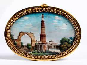 Miniaturgemälde mit Darstellung des Minaretts von Qutb Minar in Delhi