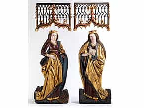 Paar Flachreliefskulpturen der Heiligen Katharina sowie der Heiligen Agnes