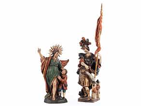 Paar Schnitzfiguren des Heiligen Florian und des Schutzengels Raffael