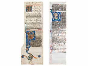 Zwei Pergament-Kolumnen mit Buchmalerei