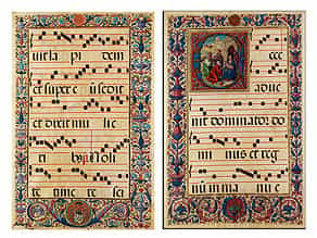Paar Antiphonar-Blätter mit reicher Buchmalerei