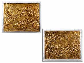 Paar vergoldete Kupfer-Relieftreibarbeiten mit neutestamentlichen Darstellungen