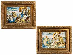 Paar Majolika-Bildplatten mit mythologischen Darstellungen
