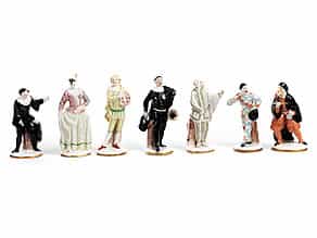  Satz von sieben Porzellanfigurinen der Commedia dell'arte