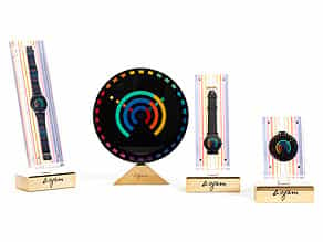  Design-Uhrenset Rainbow Collection/ Collection 1 im Präsentationskasten mit vier Uhren von Yaacov Agam, ausgeführt von Modavo um 1989
