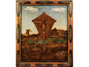 Seltenes Andachtsbild mit Kreuzesdarstellung und Vedute der Stadt Como am Comer See 