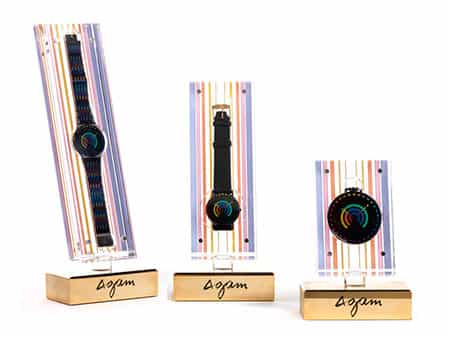 Drei Uhren aus der „Rainbow Collection/ Collection 1“ von Yaacov Agam, ausgeführt von Modavo um 1989 