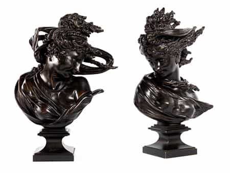  Paar Art Nouveau-Bronzebüsten „Begegnung zwischen Orient und Okzident“